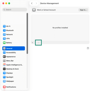 Removing a configuration profile on macOS.