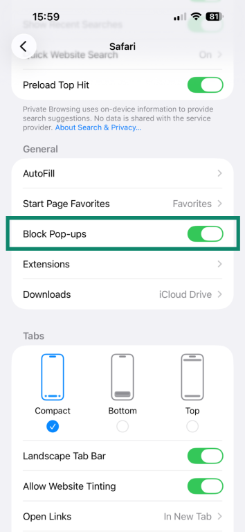 Setting Safari on iOS to block pop-ups.