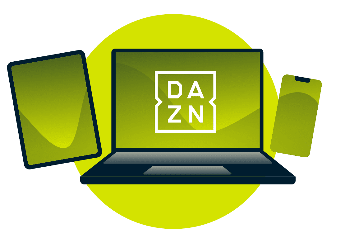 Een laptop, tablet, en telefoon, met het DAZN logo.