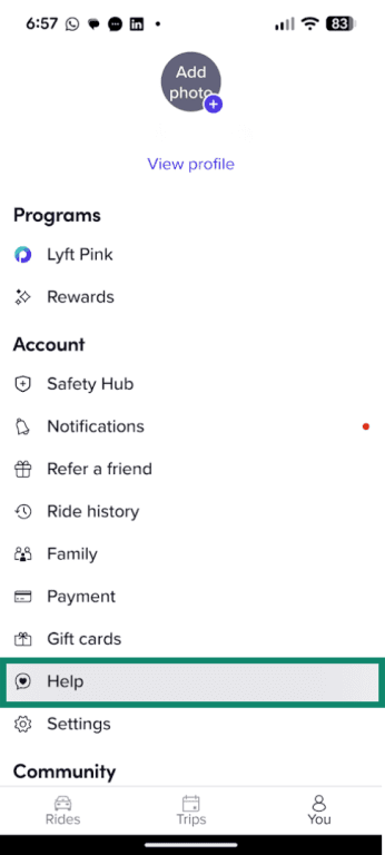 Help button in the Lyft app Profile menu.