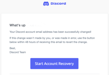 Discord's email to start the account recovery process after an email change.