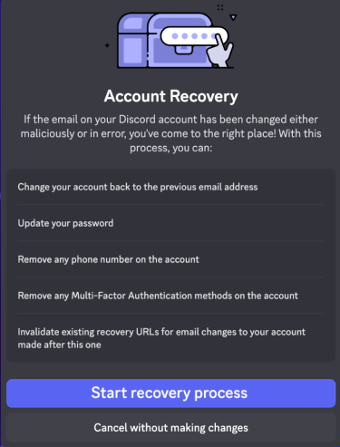Discord's Account Recovery menu.