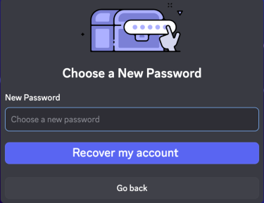 Discord's "Choose New Password" screen during the account recovery process.