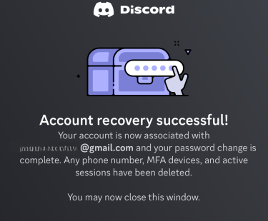 Discord's notification message after a successful account recovery.