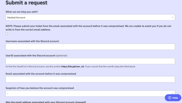 Discord's support ticket form.