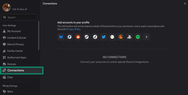 Discord's Connections tab showing no external apps connected.