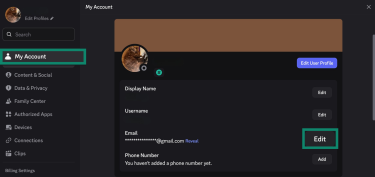 Editing an email address on Discord.