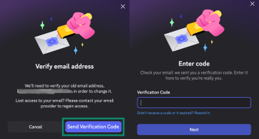 Discord prompting for verification code sent over email when changing email address.