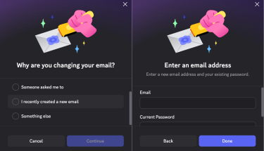 Discord asking a reason for the email change and setting up a new email page.