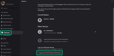 Discord's option to log out from all devices.