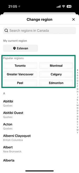 Screenshot of the TikTok mobile app showing the option to change the region of your Nearby feed