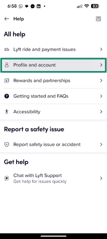 Lyft Profile and account tab in the Help menu.