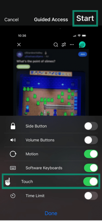 The Guided Access options panel, with the disable touch input toggle highlighted.