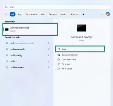 Search CMD and open the Command Prompt on Windows.