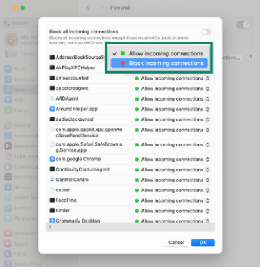 Firewall settings on macOS either allow or block incoming connections.