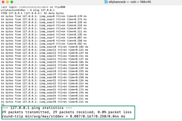 Ping results from a loopback address via the Terminal on macOS.