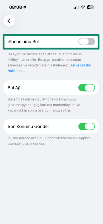 Screenshot showing Find My iPhone option