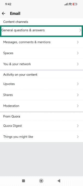 The Quora Android app email notifications scream with General questions & answers highlighted.
