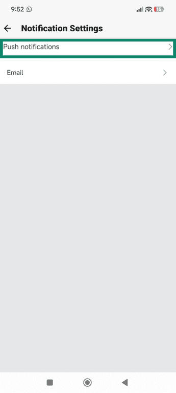 The Quora app Notification settings with the Push Notifications option selected.