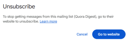 The Gmail message that appears when clicking the Quora unsubscribe button.