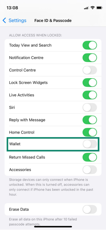 Turning off the "Allow Access When Locked" settings for Wallet on an iPhone.