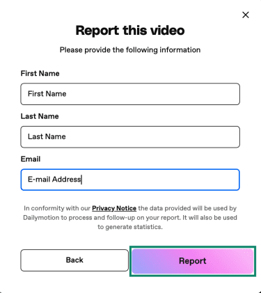 The final step of reporting a video on Dailymotion.