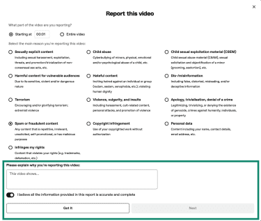 Adding additional info when reporting a video on Dailymotion.