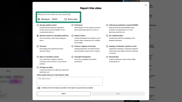 When reporting a video on Dailymotion, a user can pick a custom time or report the entire video at once.