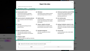 Choosing the primary reason for reporting a video on Dailymotion.