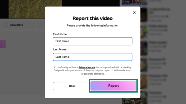 The final step of reporting a video on Dailymotion.