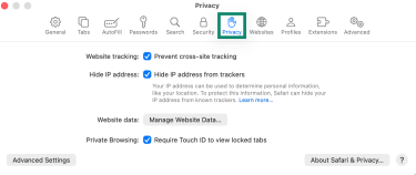 Privacy tab in Safari settings on macOS.