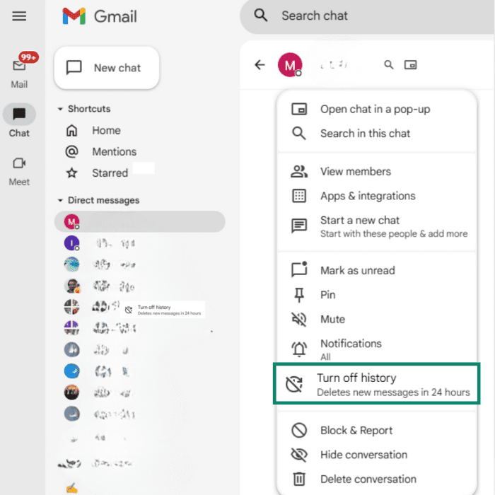 In the Google Chat window, the contact menu is open and the Turn off history option is highlighted.