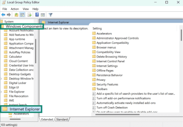 Windows Local Group Policy Editor with Internet Explorer tab highlighted.