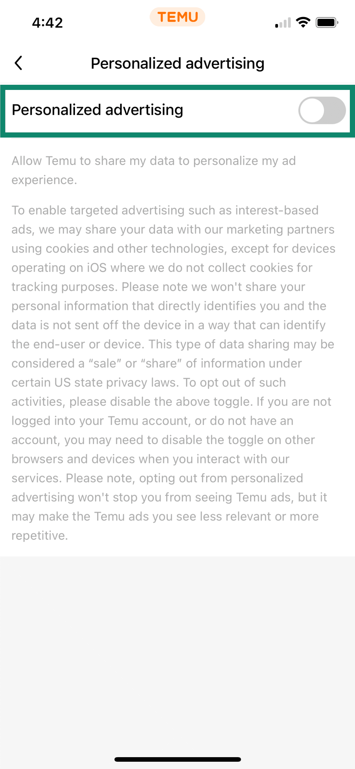 Temu privacy settings with Personalized advertising toggled off.