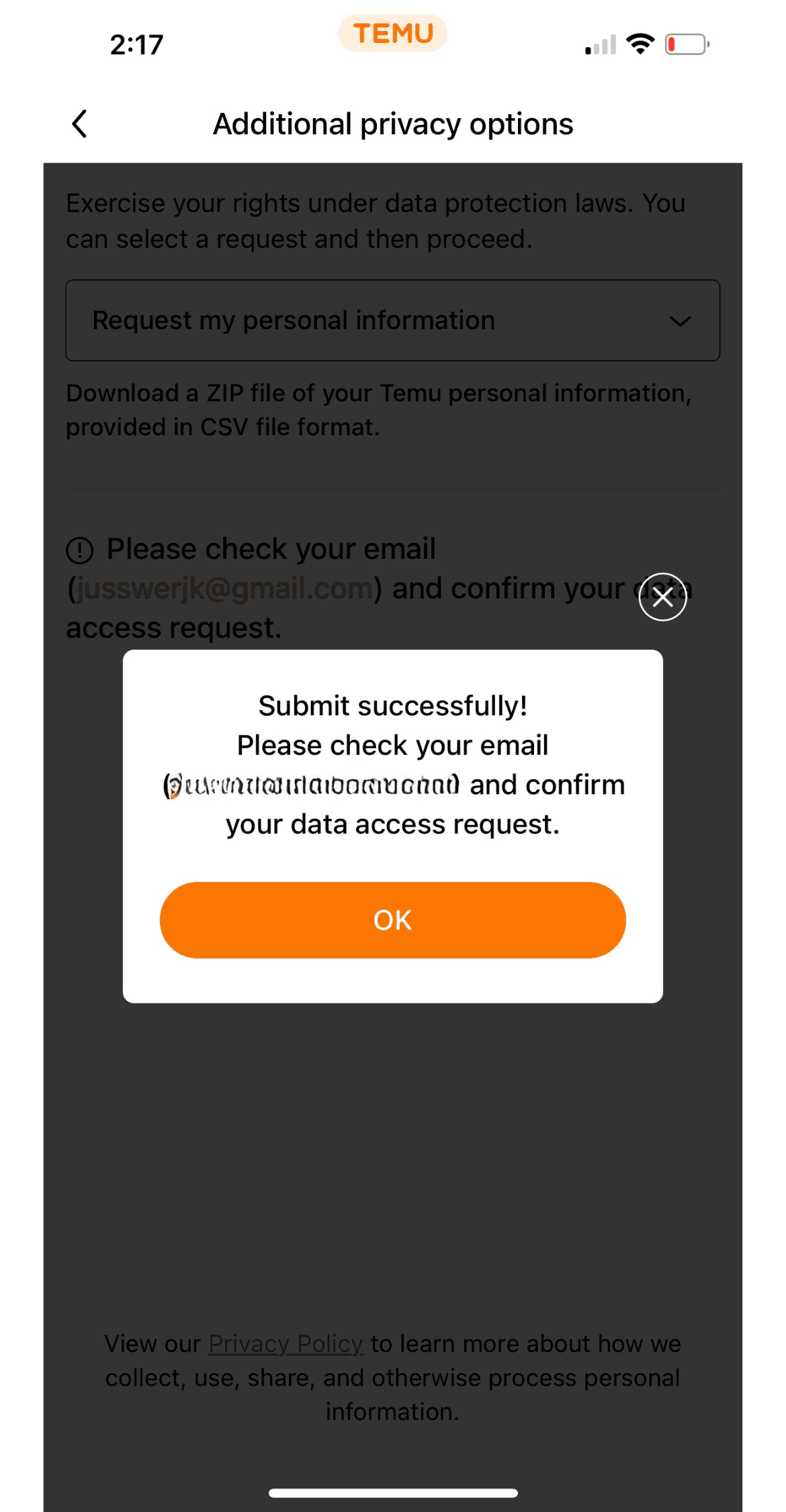 Temu privacy request confirmation screen.