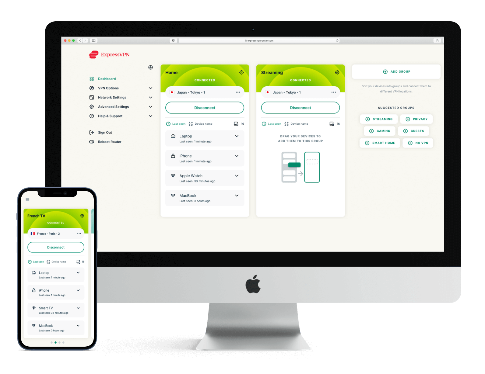Vários monitores com interface do usuário do roteador ExpressVPN.