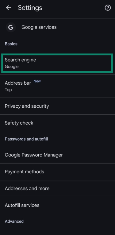 Chrome Android settings with Search engine highlighted.