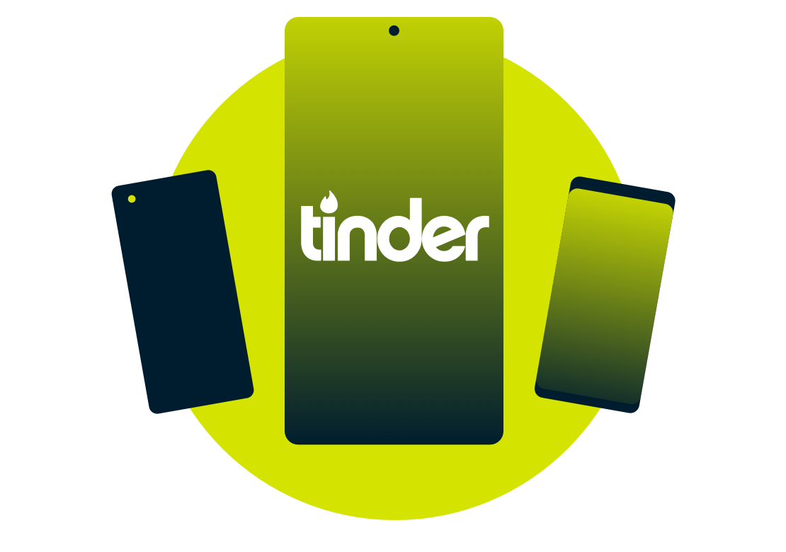 Mobile enheter med Tinder-logoen.