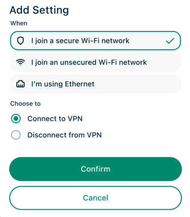 Add Setting screen for Auto-connect, showing options to trigger actions when joining secure or unsecured Wi-Fi or using Ethernet, with Connect to VPN selected.