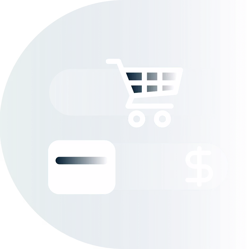 Carrello, carta di credito e simbolo di valuta.