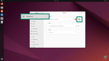 Linux Settings app, showing how to access Network settings.