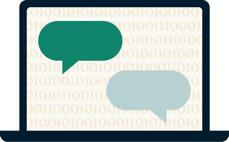 Codice binario e nuvoletta di dialogo sullo schermo di un portatile.
