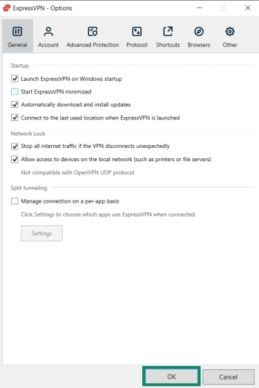The ExpressVPN Windows app with the General tab open and "OK" highlighted to show the user accepts the setting changes.