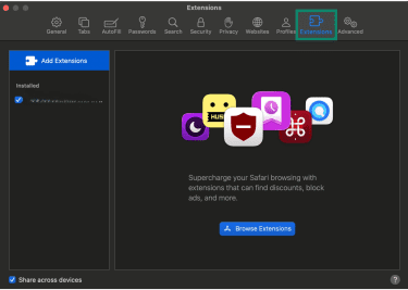 Safari settings with Extensions tab highlighted.