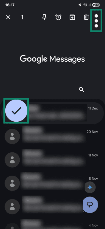 Google Messages with a conversation selected and the menu highlighted.