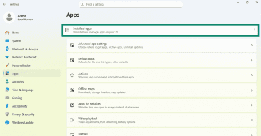 Windows Apps settings with Installed apps button highlighted.