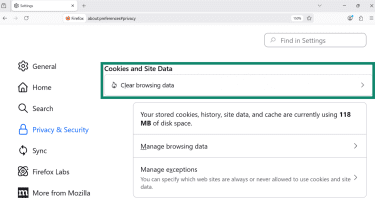 Firefox Privacy & Security settings with Cookies and Site Data section highlighted.