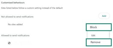 Google Chrome Customised behaviours settings section with Block and Remove buttons highlighted.