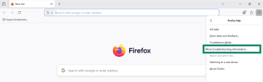 Firefox help menu with More troubleshooting information button highlighted.