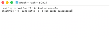 Terminal window showing the xattr command typed without a file path